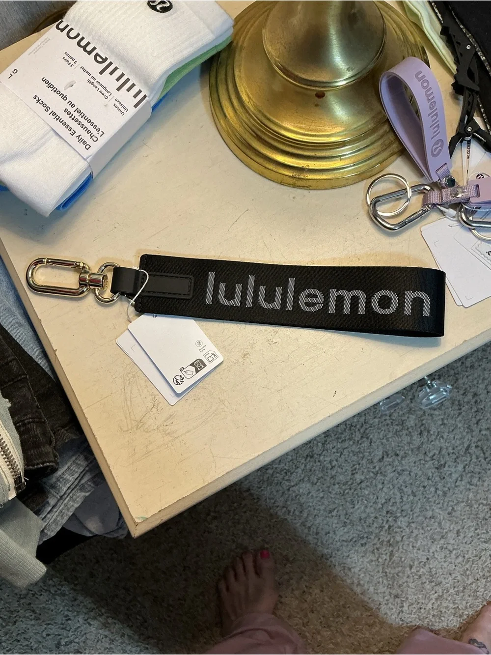 NWT Lululemon Black Logo Jacquard Wristlet Keychain Strap Key Fob